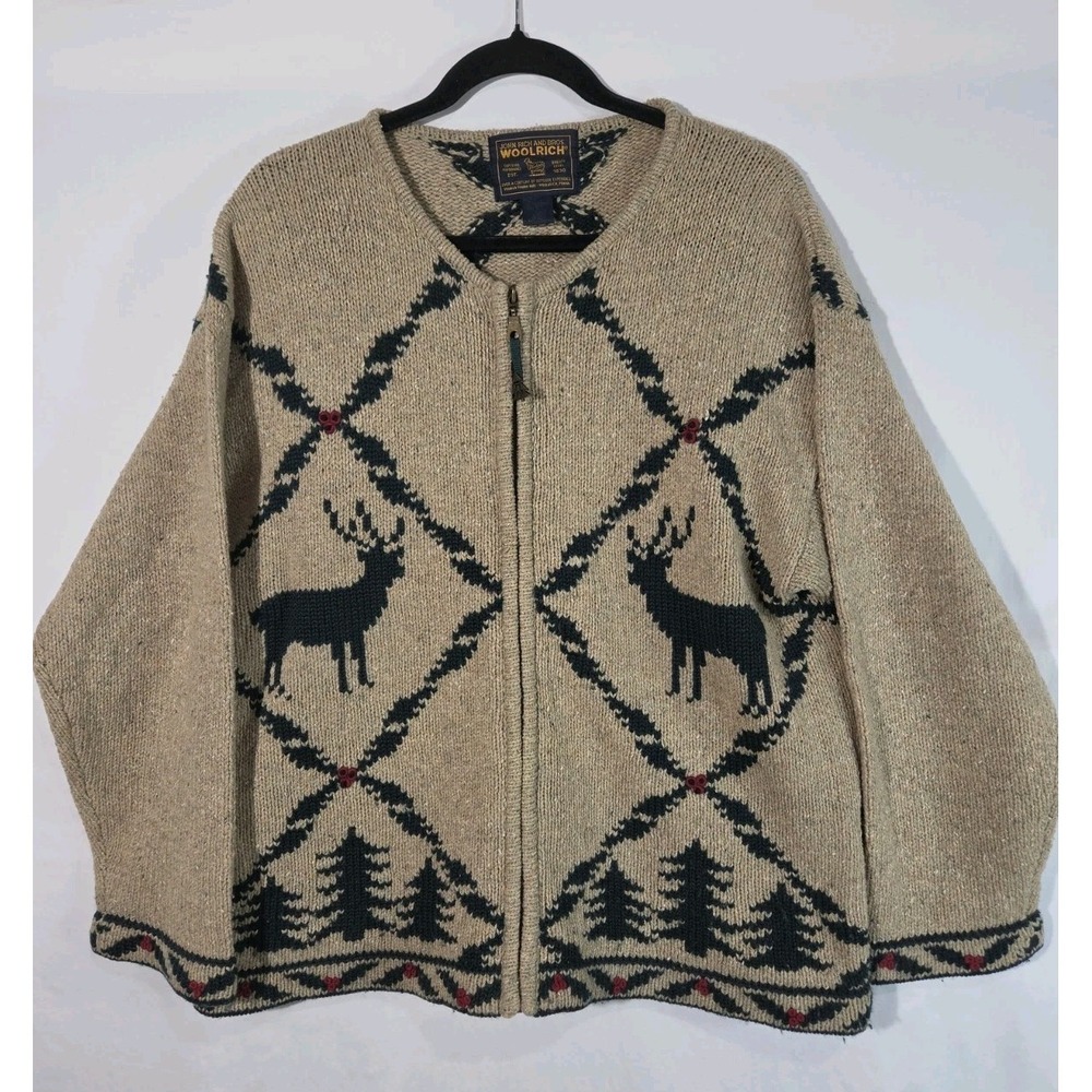 Retro Woolrich Cowichan Reindeer Full Zip Cardigan Large Holly Pine Rustic Knit